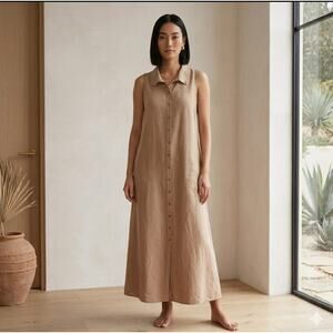 Akris Punto Linen Button-Front Maxi Dress Size 14 Italian Minimalist Luxury Boho